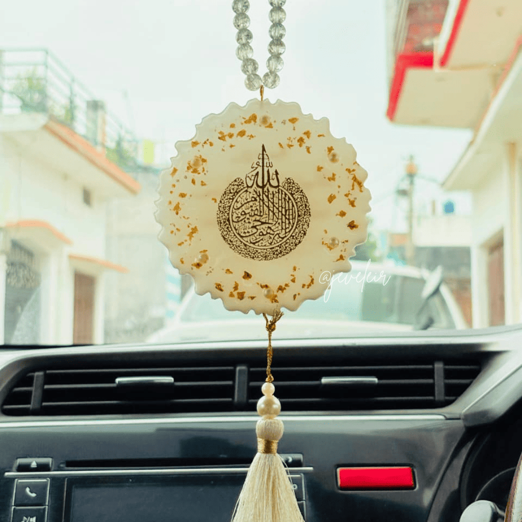 White Ayatul kursi Resin Car Hanging - Handmade Car Decoration