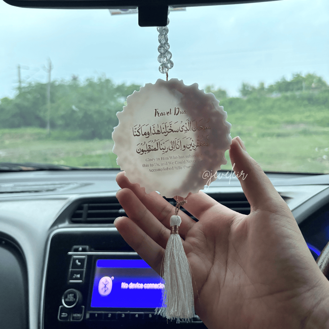 Rose White Ayatul kursi Resin Car Hanging - Handmade Car Decoration